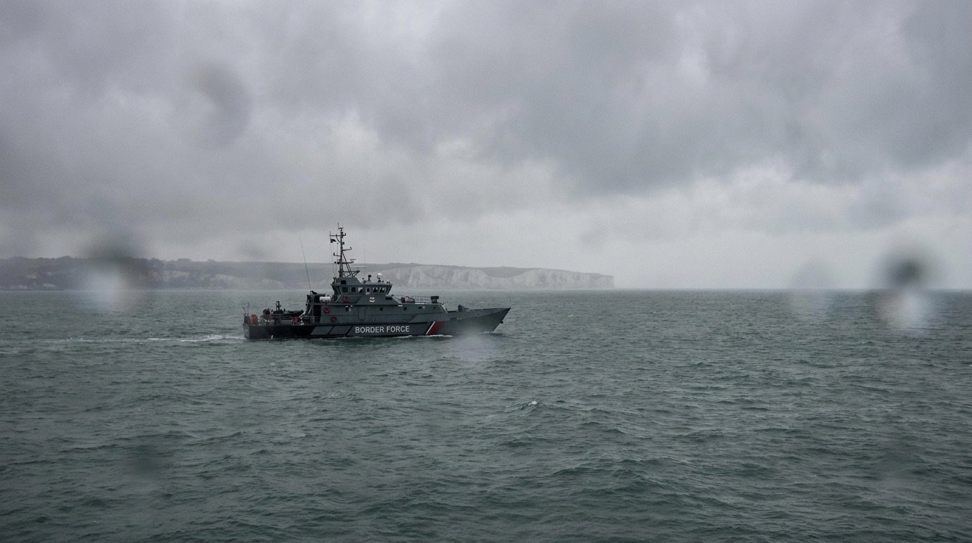 A UK Border Force vessel patrolling the English Channel under overcast skies