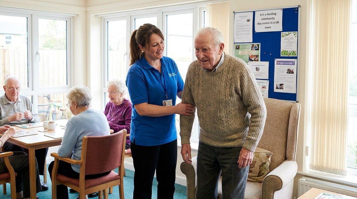 A care worker helping an elderly resident in a community day centre run by a local council