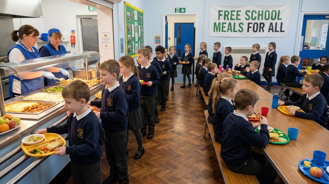 A school canteen in England serving hot meals to primary pupils, illustrating the free school meals expansion
