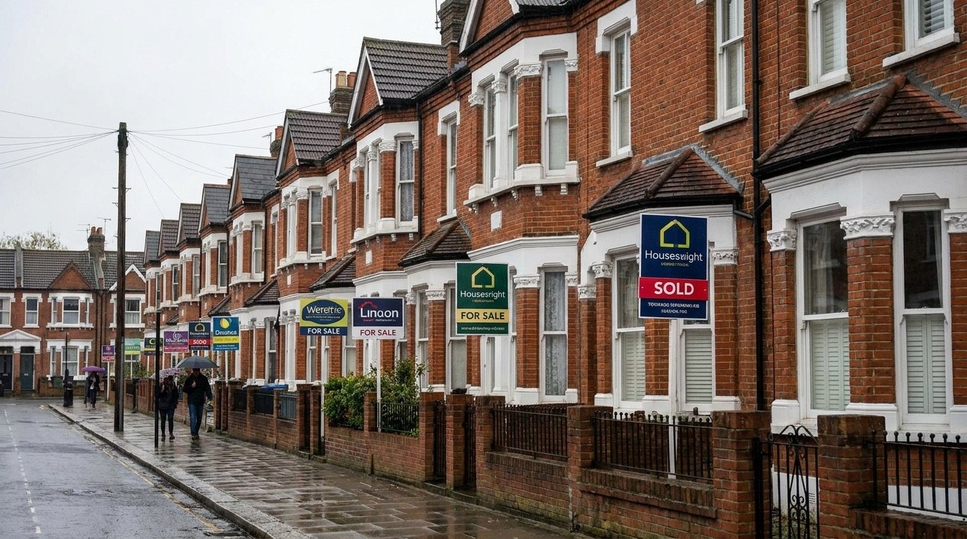 A row of British terraced houses with estate agent for sale boards outside