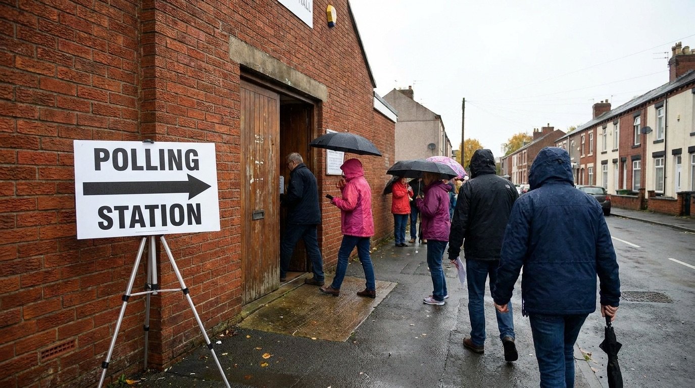 A polling station sign outside a community hall in a northern English town