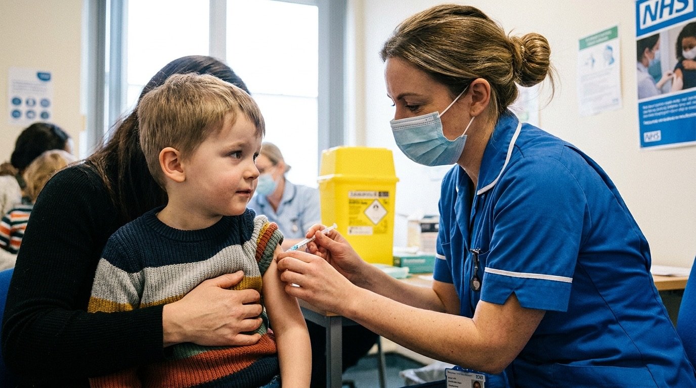 A young child receiving a vaccination from an NHS nurse at a clinic