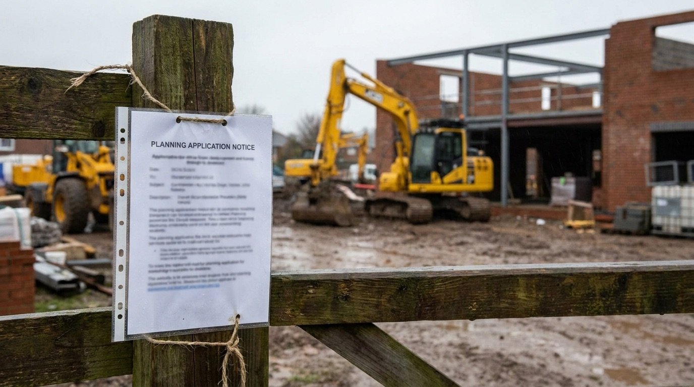 A planning application notice attached to a fence beside a building site with diggers in the background