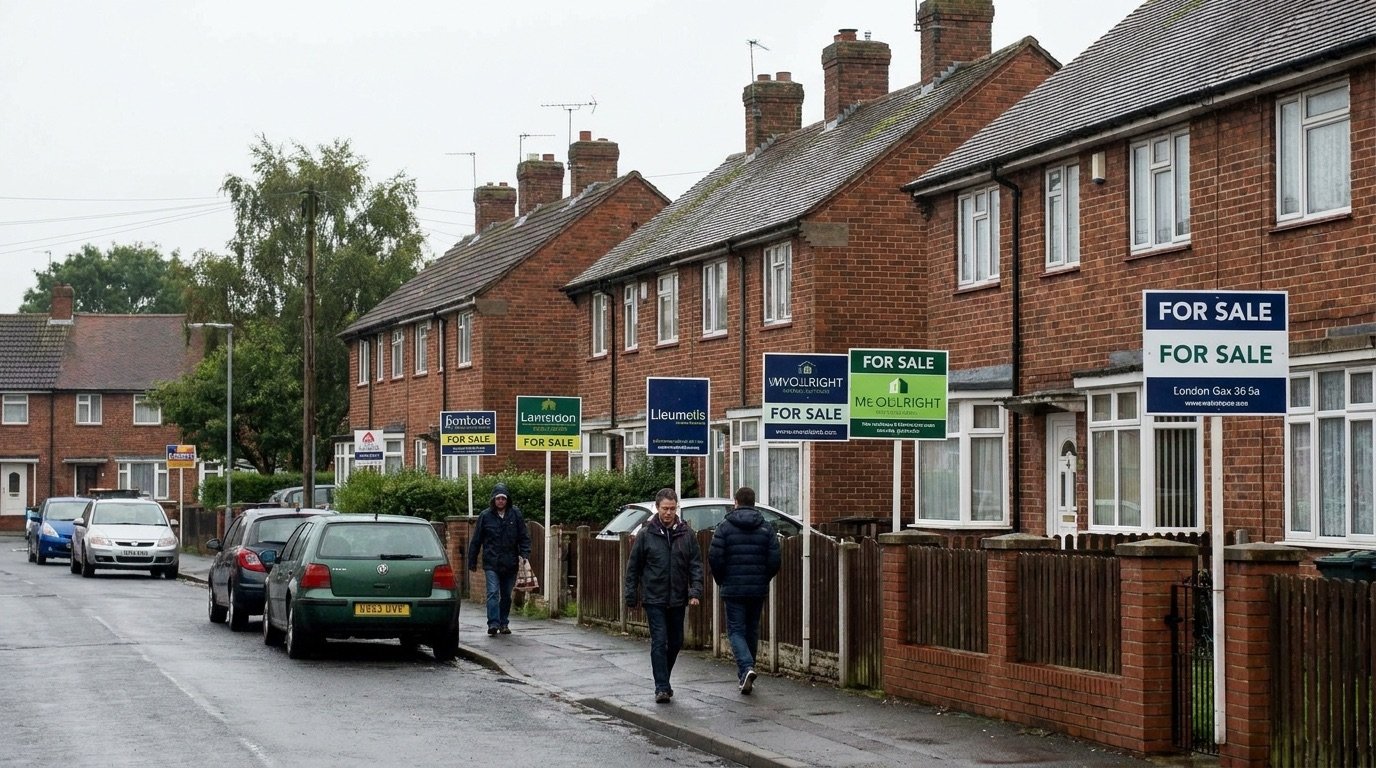 A terrace of red-brick council houses with 'for sale' boards in a typical English residential street