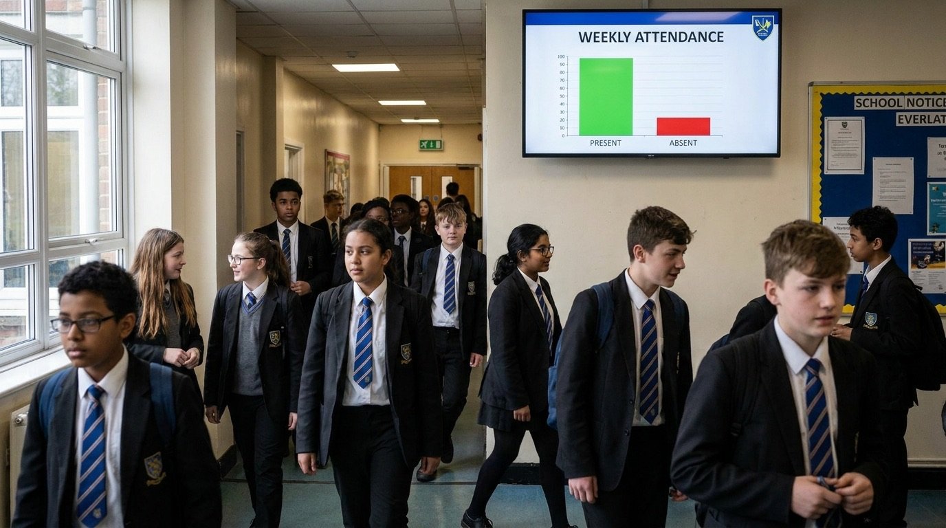 A school corridor in England with pupils walking between lessons, illustrating attendance and absence figures