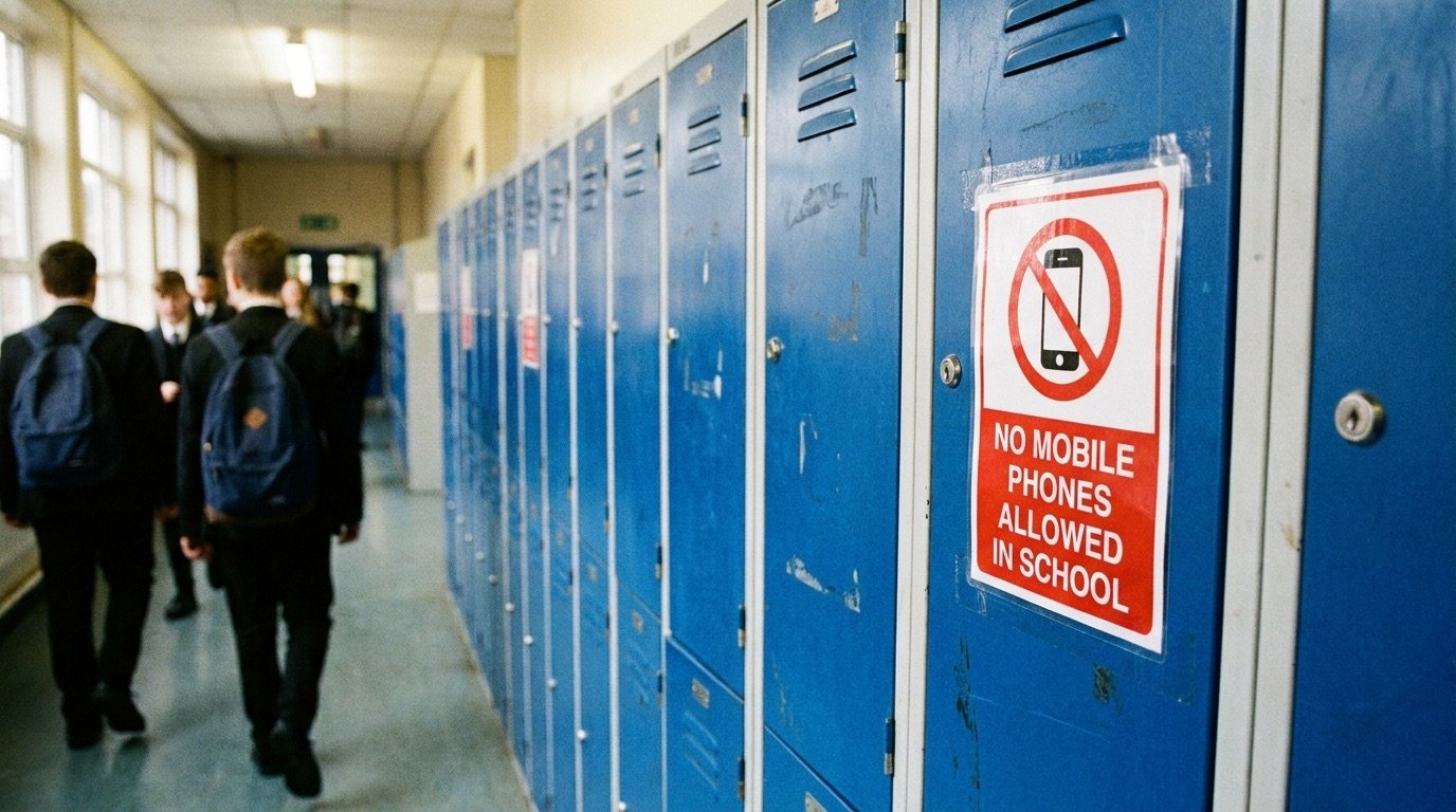A row of school lockers in an English secondary school with a no-mobile-phones sign, illustrating the phone ban