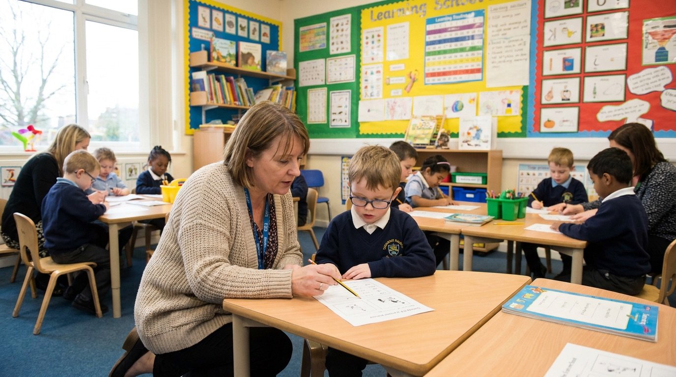 A teaching assistant supporting a primary school pupil with learning materials in an inclusive classroom in England
