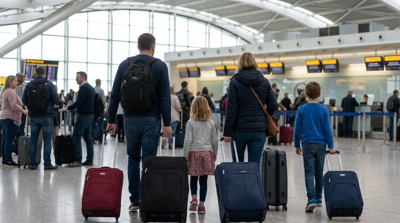 Family pulling suitcases through a busy UK airport departures hall towards the check-in desks