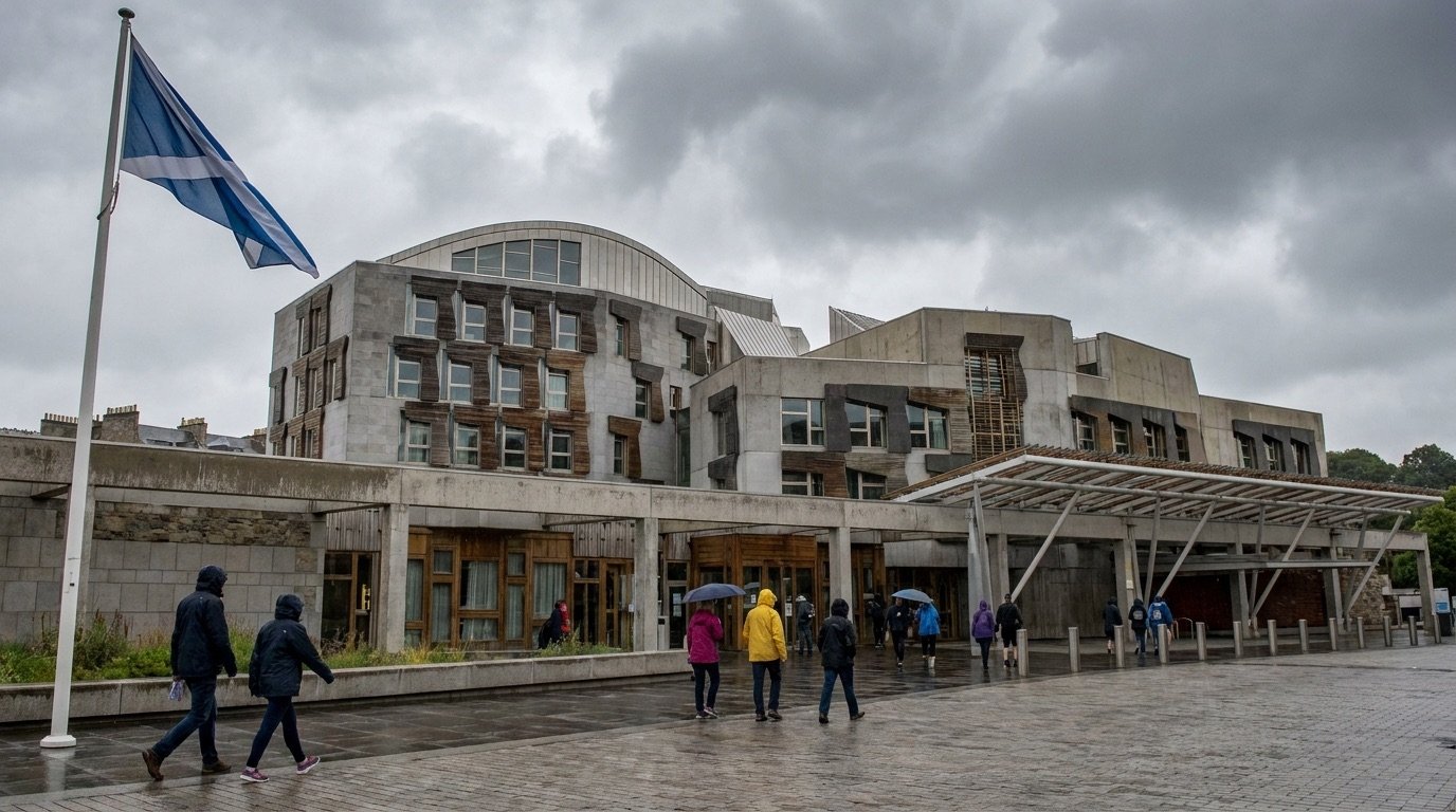 The Scottish Parliament building at Holyrood in Edinburgh under a grey summer sky