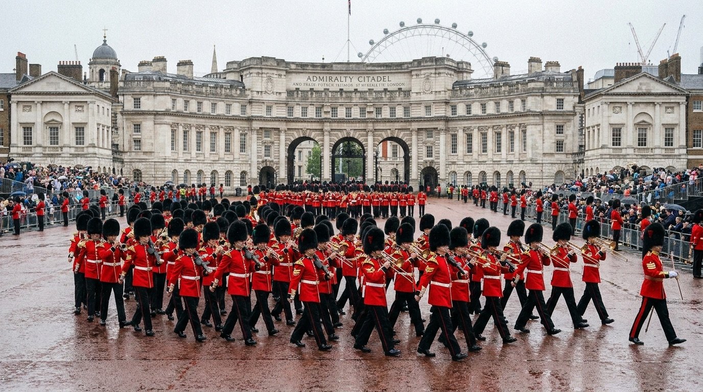 Massed bands and guardsmen in red tunics and bearskin caps marching across a London parade ground