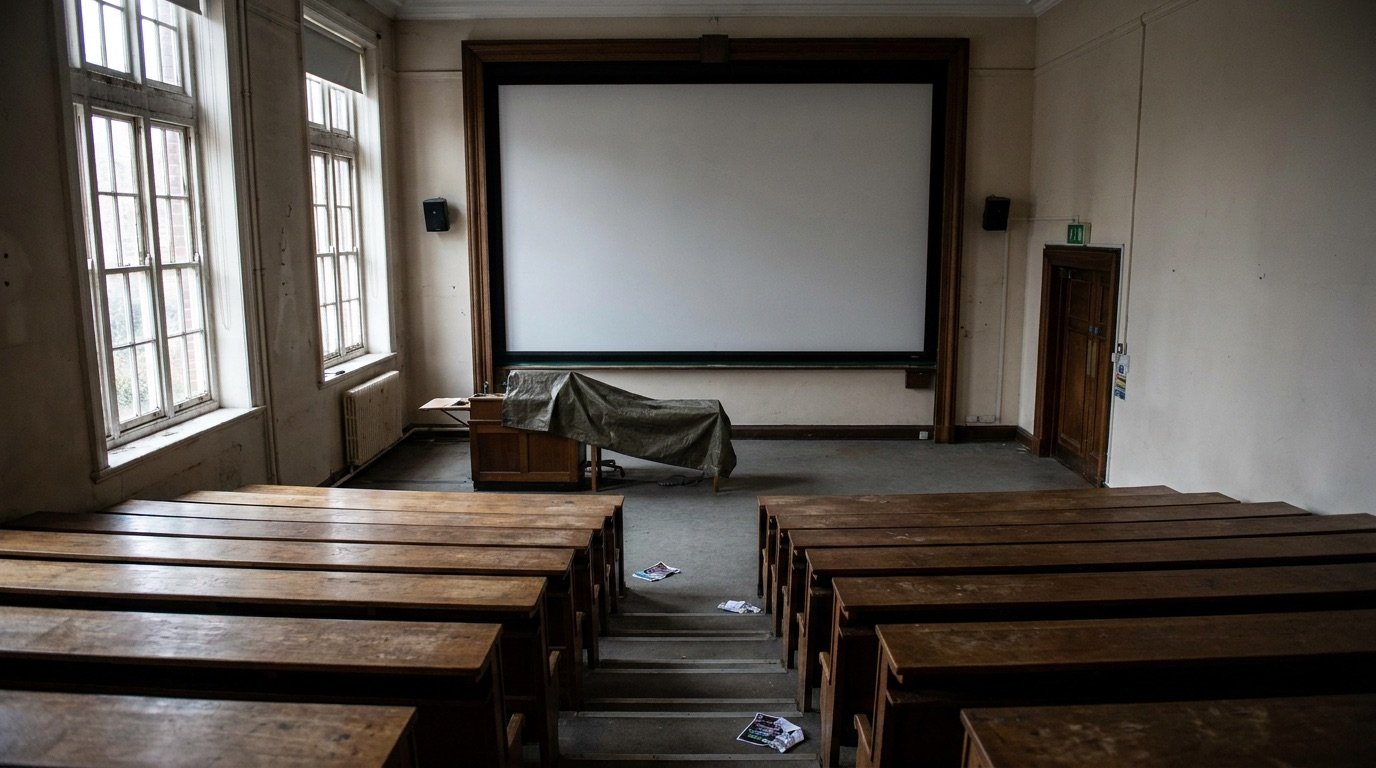 An empty lecture hall at a UK university with tiered seating, illustrating the higher education funding crisis