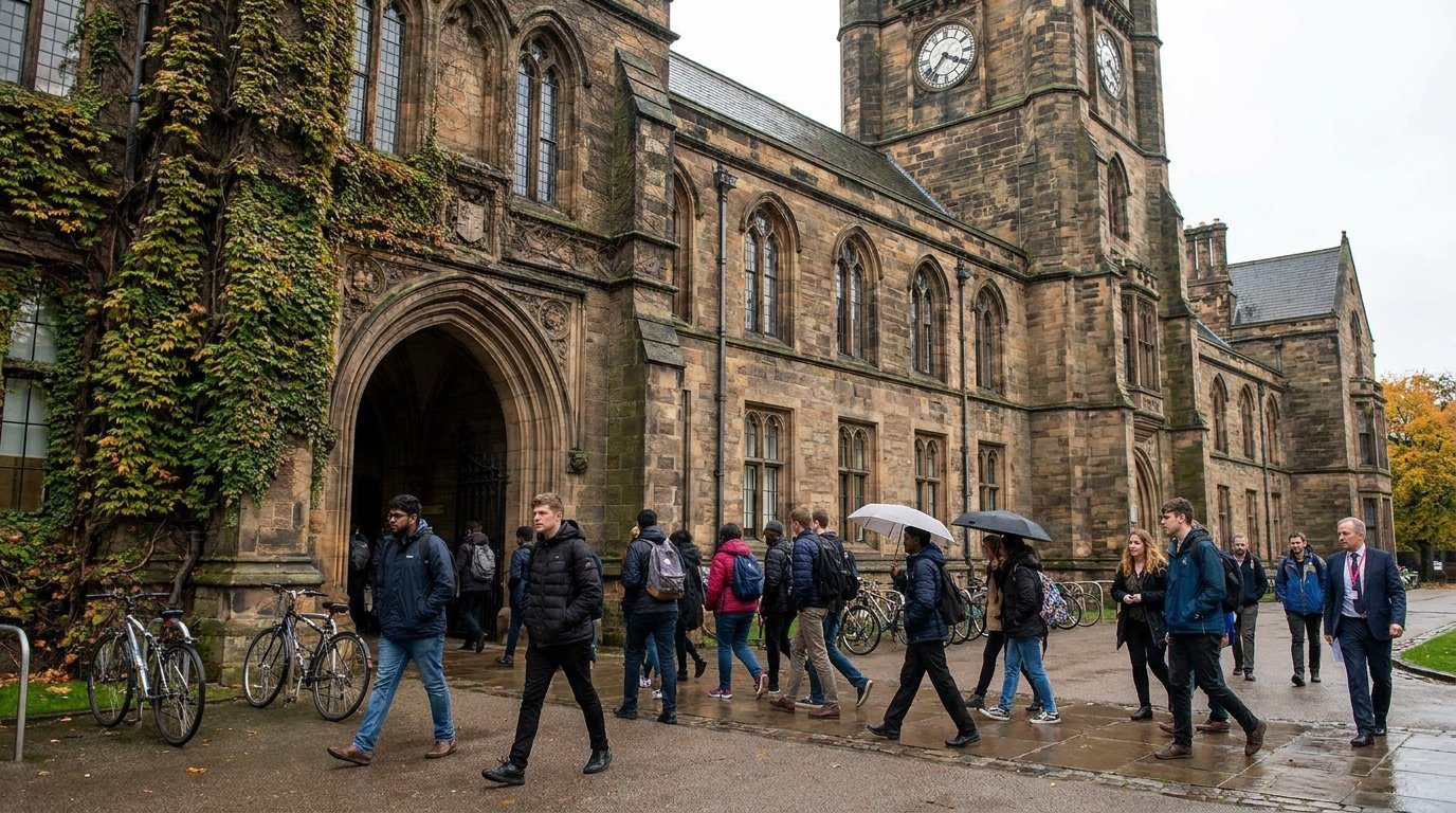 Students and staff walking past a historic stone university building in the UK
