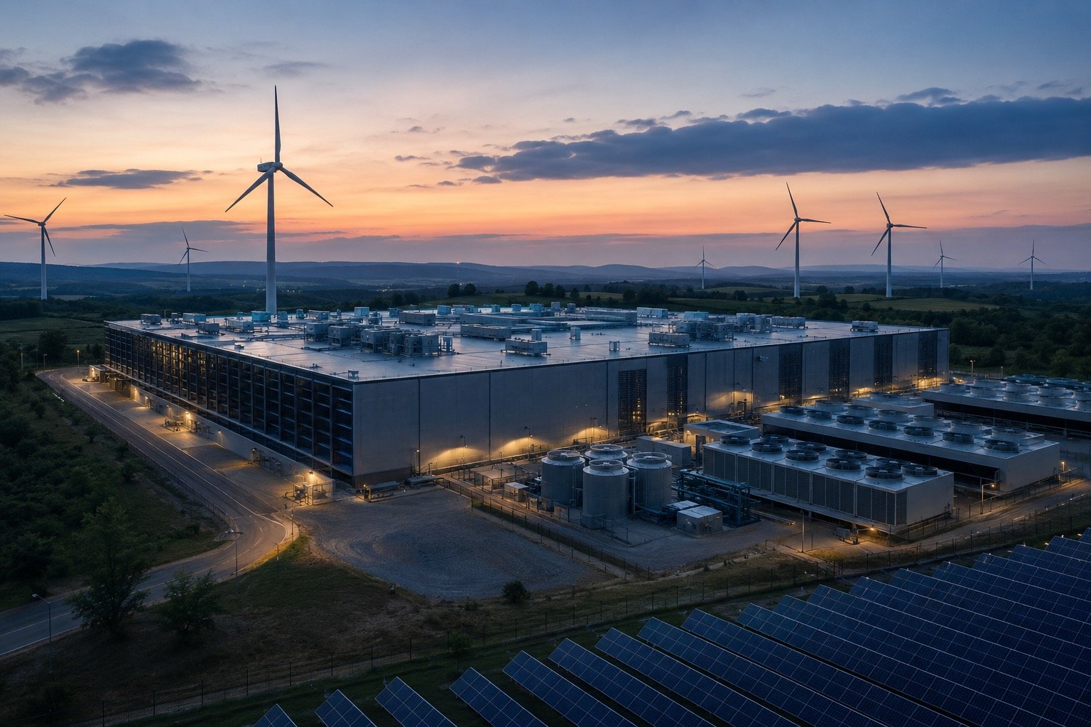 Rows of servers inside a large data centre, illustrating AI energy demand