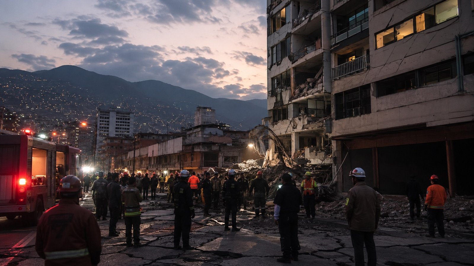 Rescuers and residents searching through the rubble of a collapsed building in Venezuela