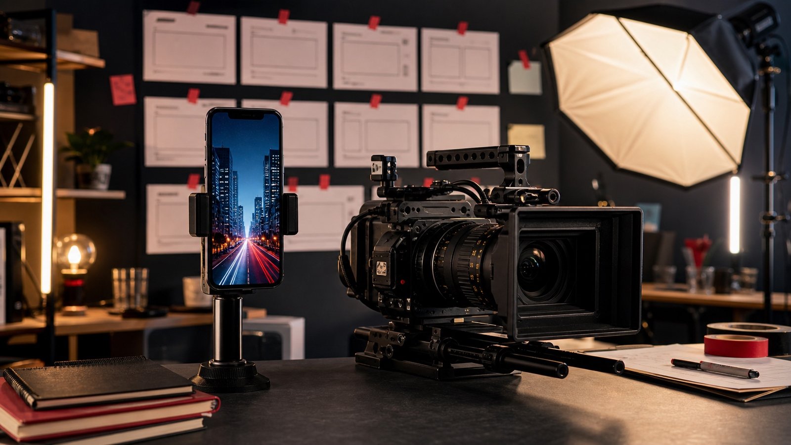 A vertical smartphone mounted beside a cinema camera in a creator studio