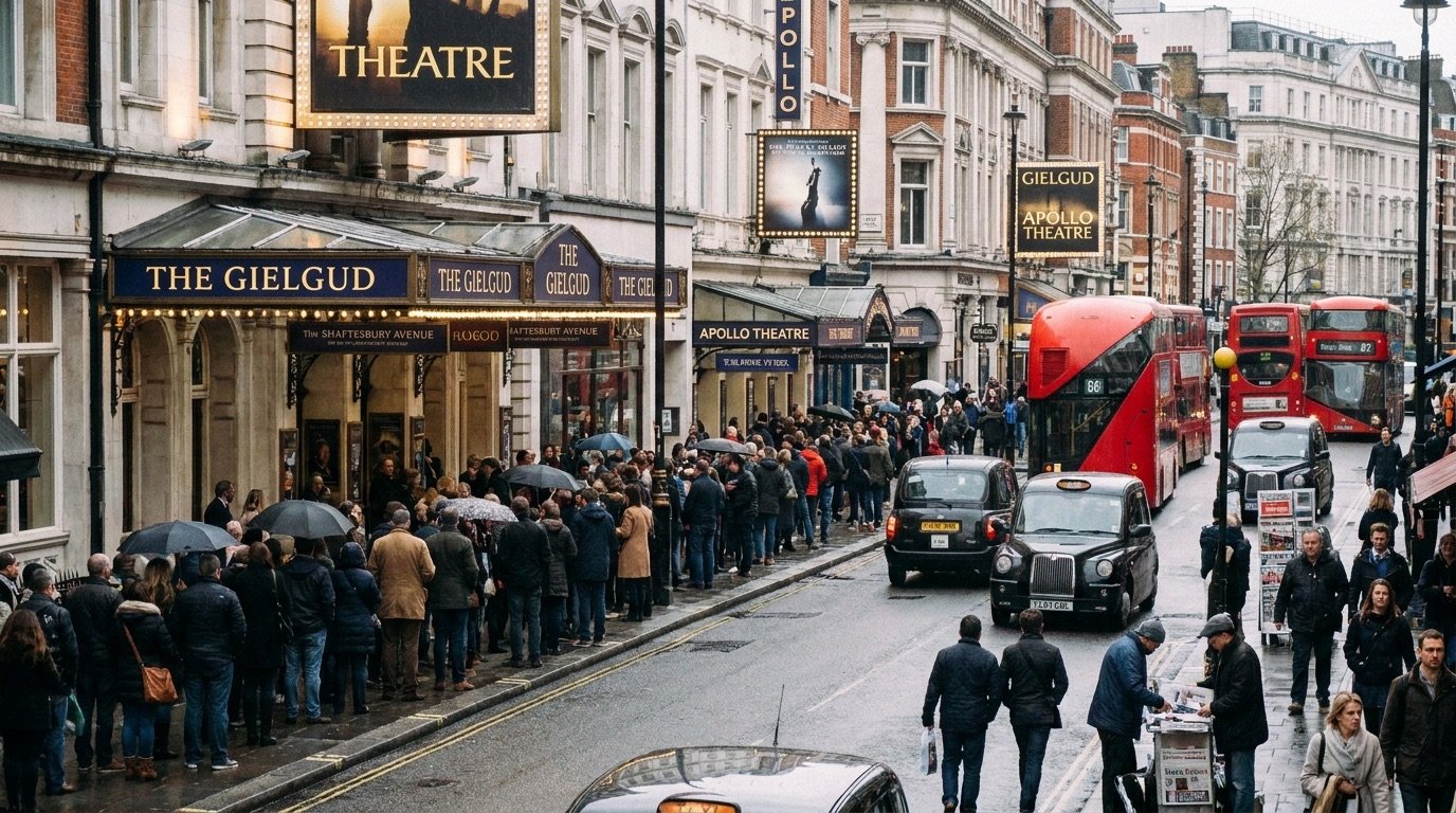 A busy West End street with theatre crowds queuing outside venues