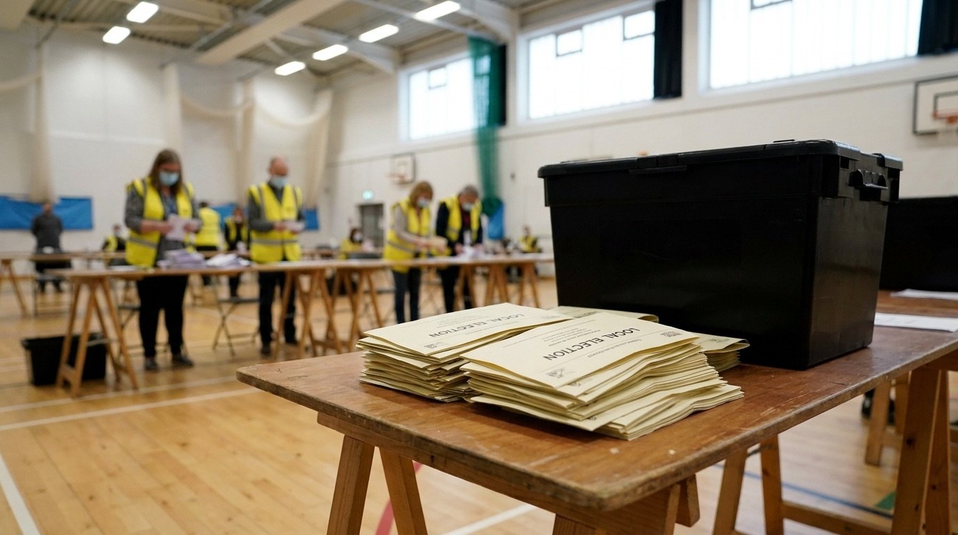 A stack of local election ballot papers and a counting table in a sports hall
